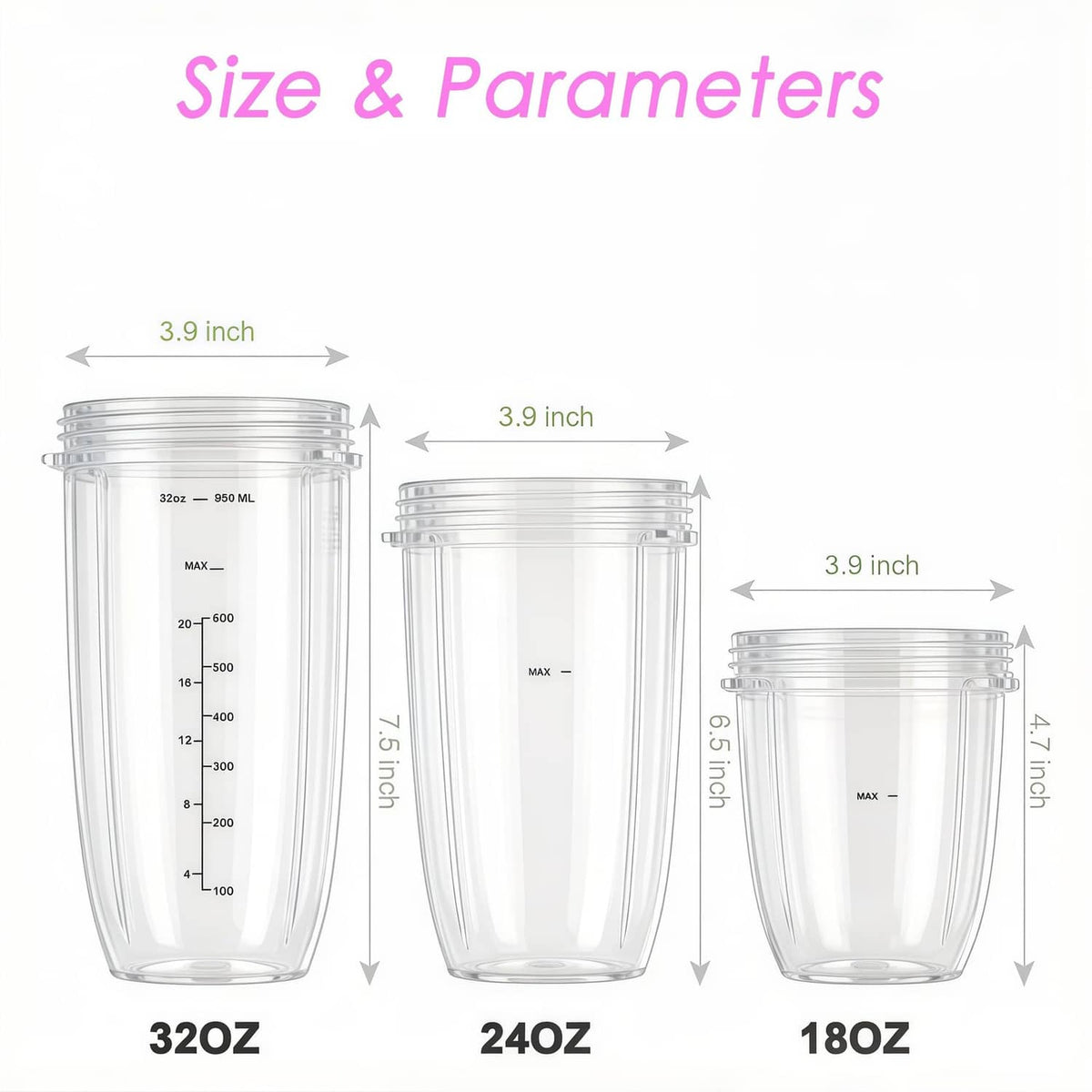 Blender cup size diagram with 32 oz, 24 oz, and 18 oz measurements