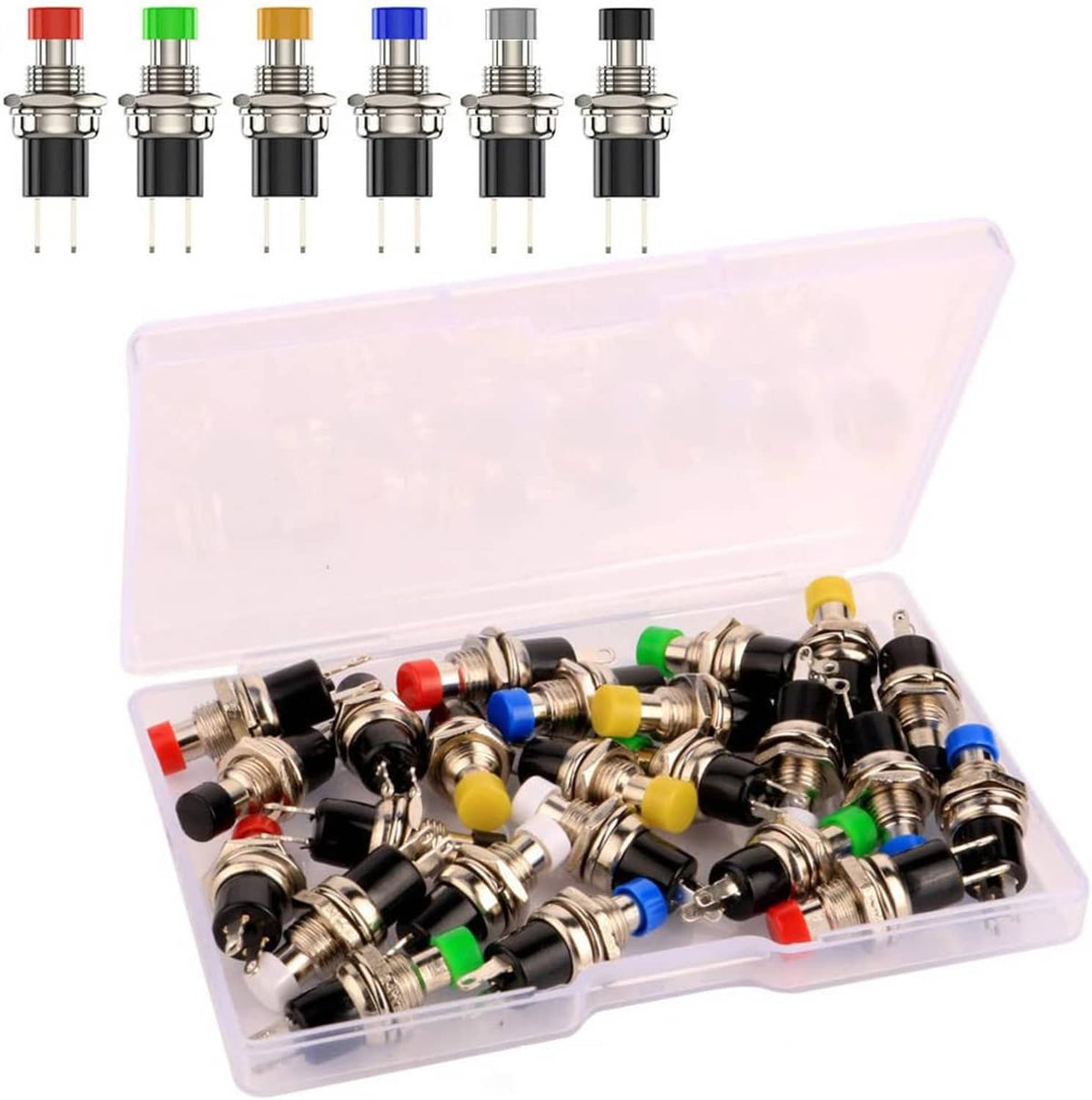24 mini momentary push buttons with colored caps, SPST-NO, in clear case