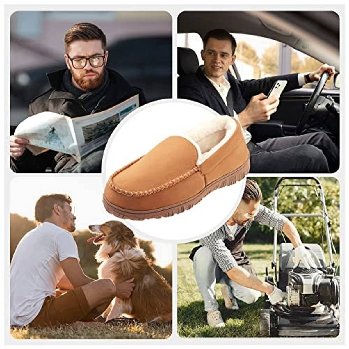 Tan men's moccasin slippers with plush lining and cushioned sole