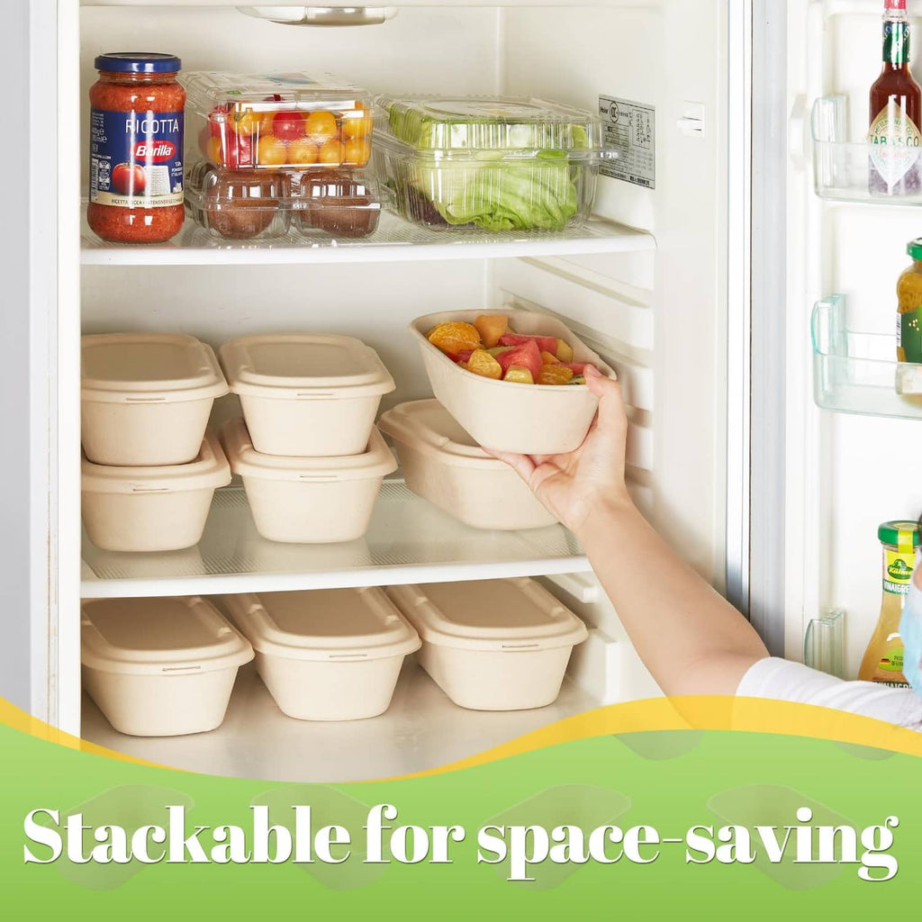 Stacked light beige disposable food containers stored in a refrigerator