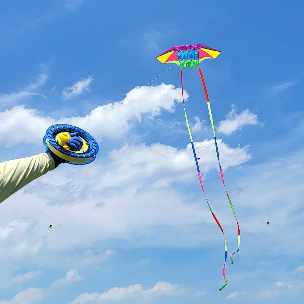 Rainbow diamond beach kite with twin long tails, held reel line in foreground