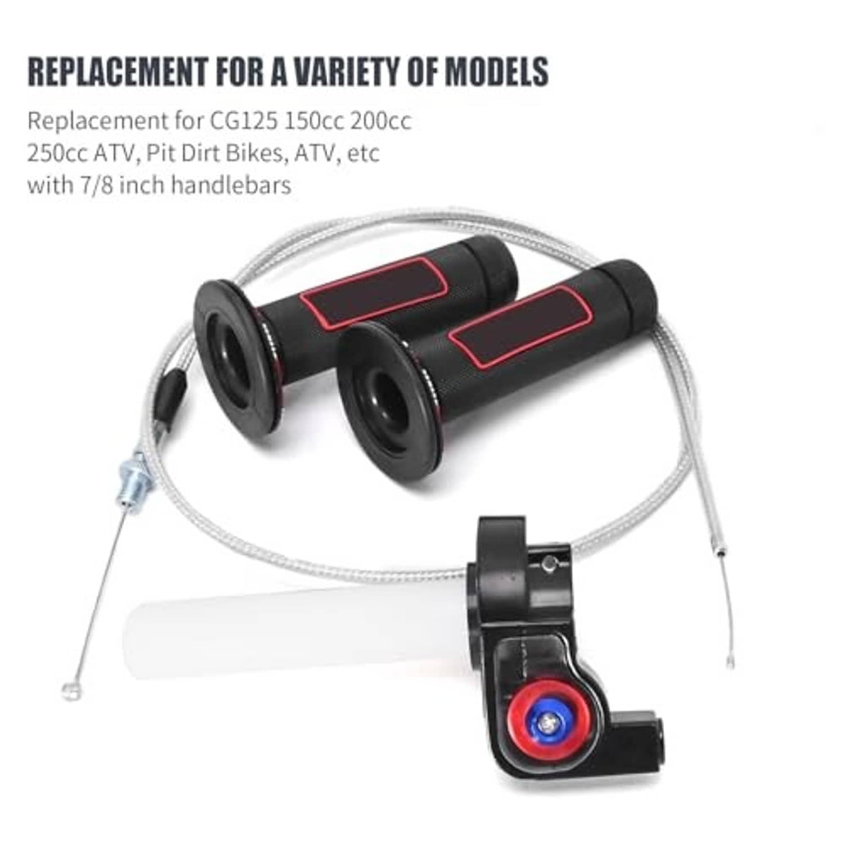 Pair of black twist throttle grips with red accents and cable set with switch