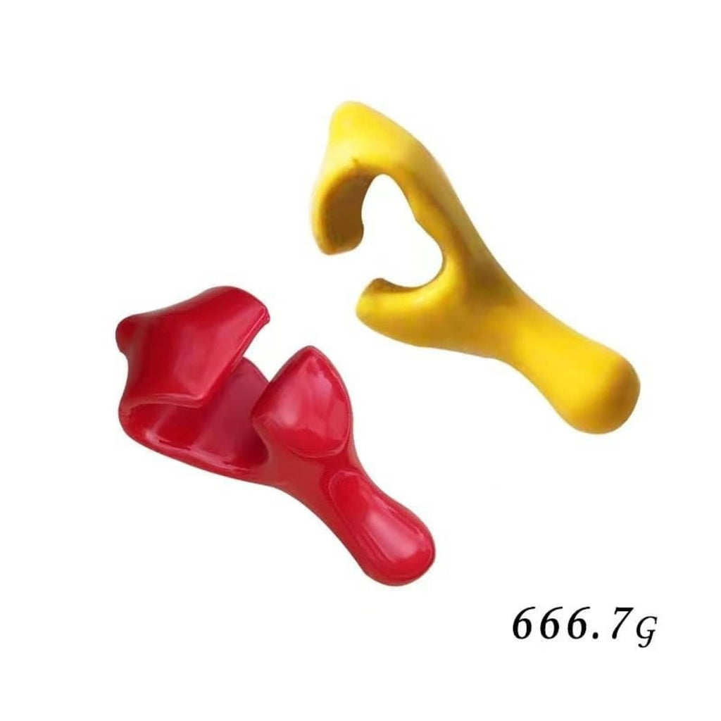 Red and yellow bead keeper tools, each with two-lobed end