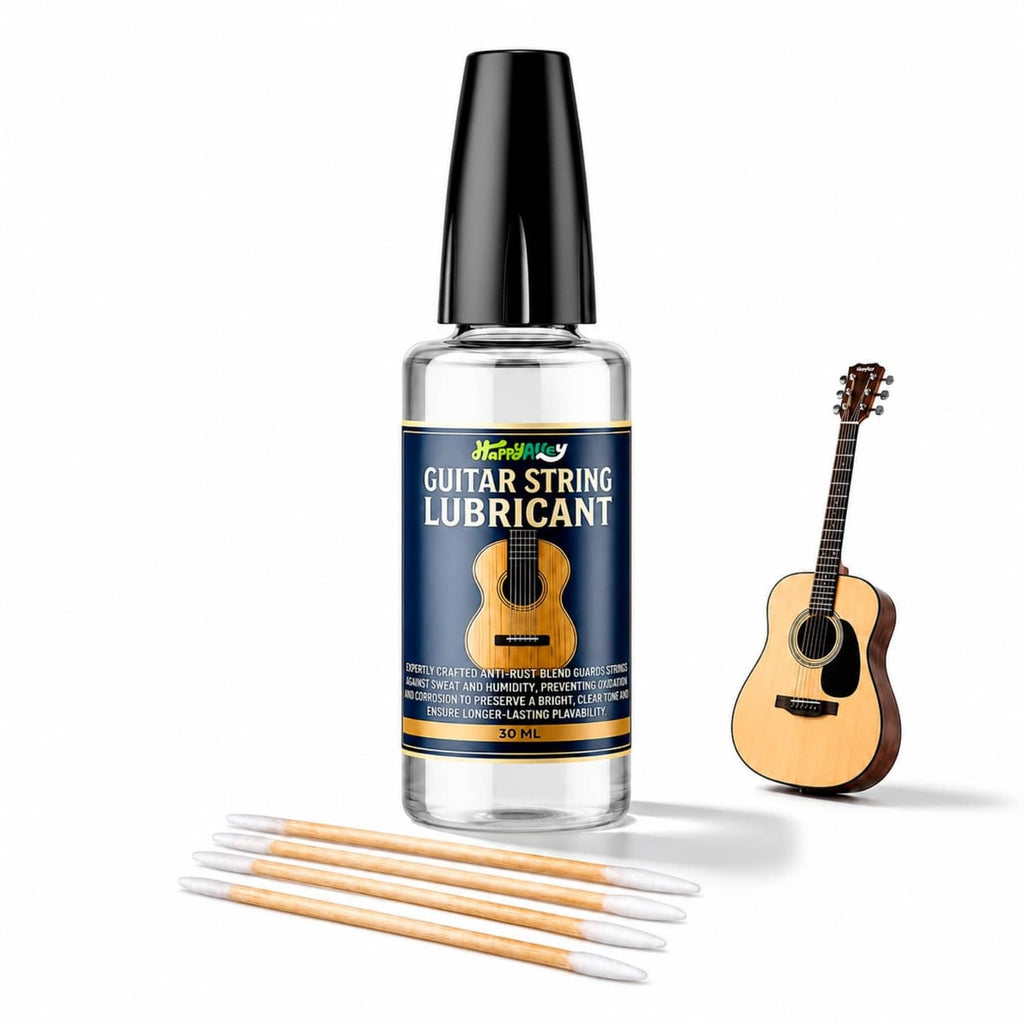 Guitar string lubricant bottle with applicator swabs and guitar for nut and bridge