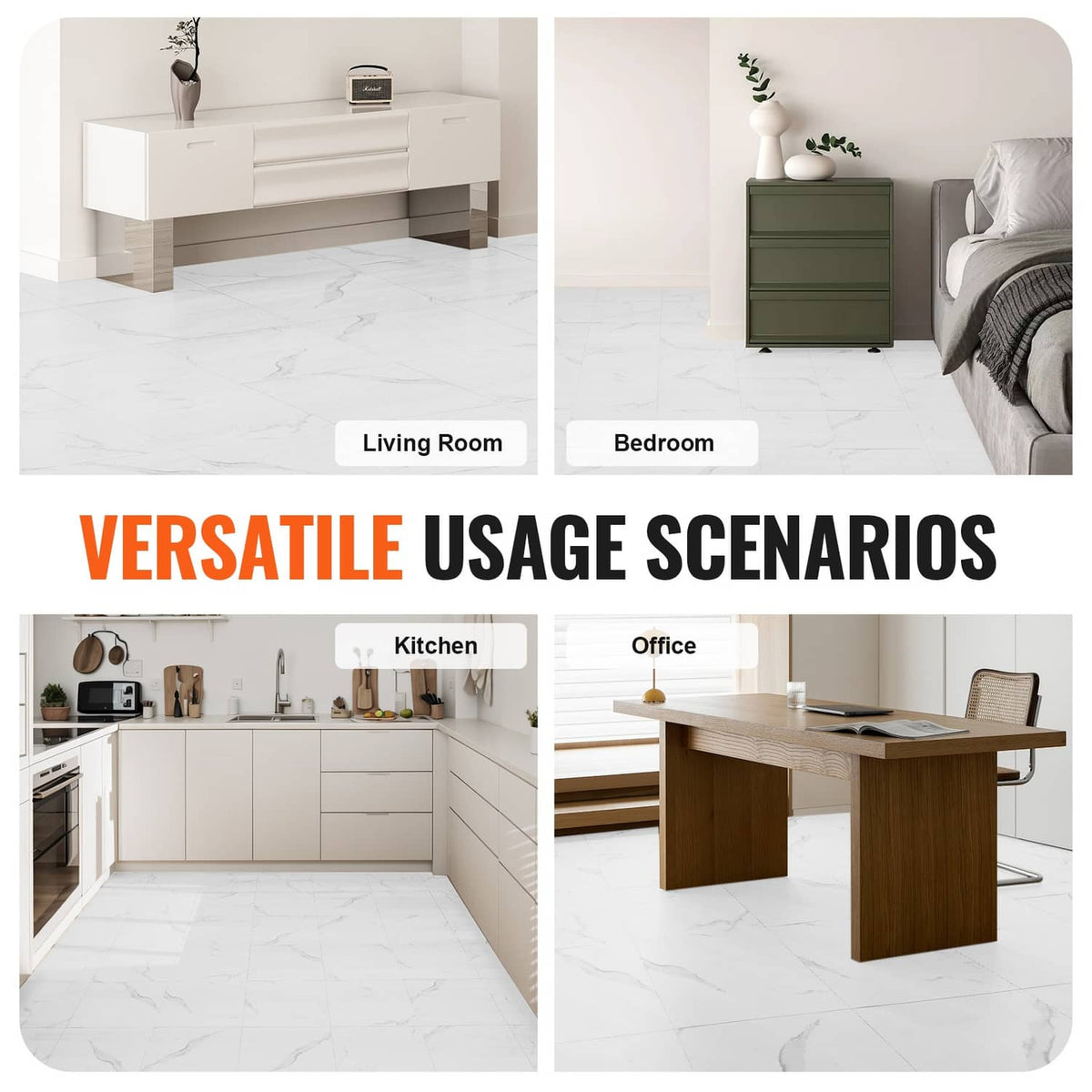 White marble-pattern vinyl tile flooring used in living room, bedroom, kitchen, office