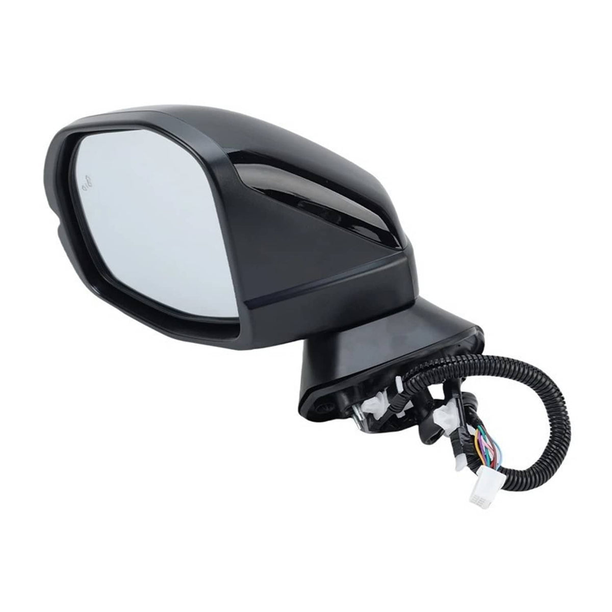 Side mirror with clear lens, glossy black housing, and rear wiring connector