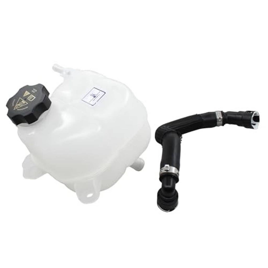 Coolant expansion tank with black radiator hose, white reservoir and dark cap