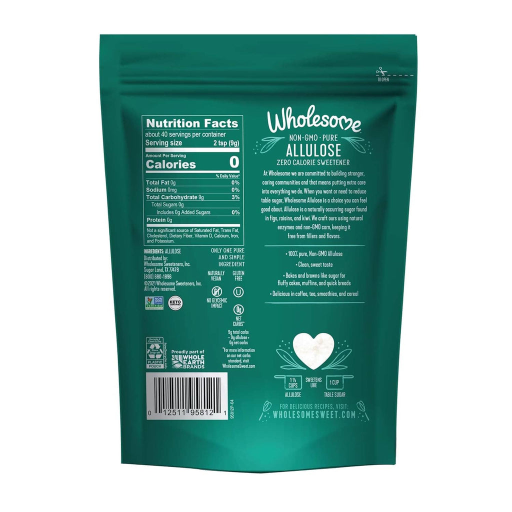 Wholesome allulose sweetener pouch back with Nutrition Facts and ingredient text