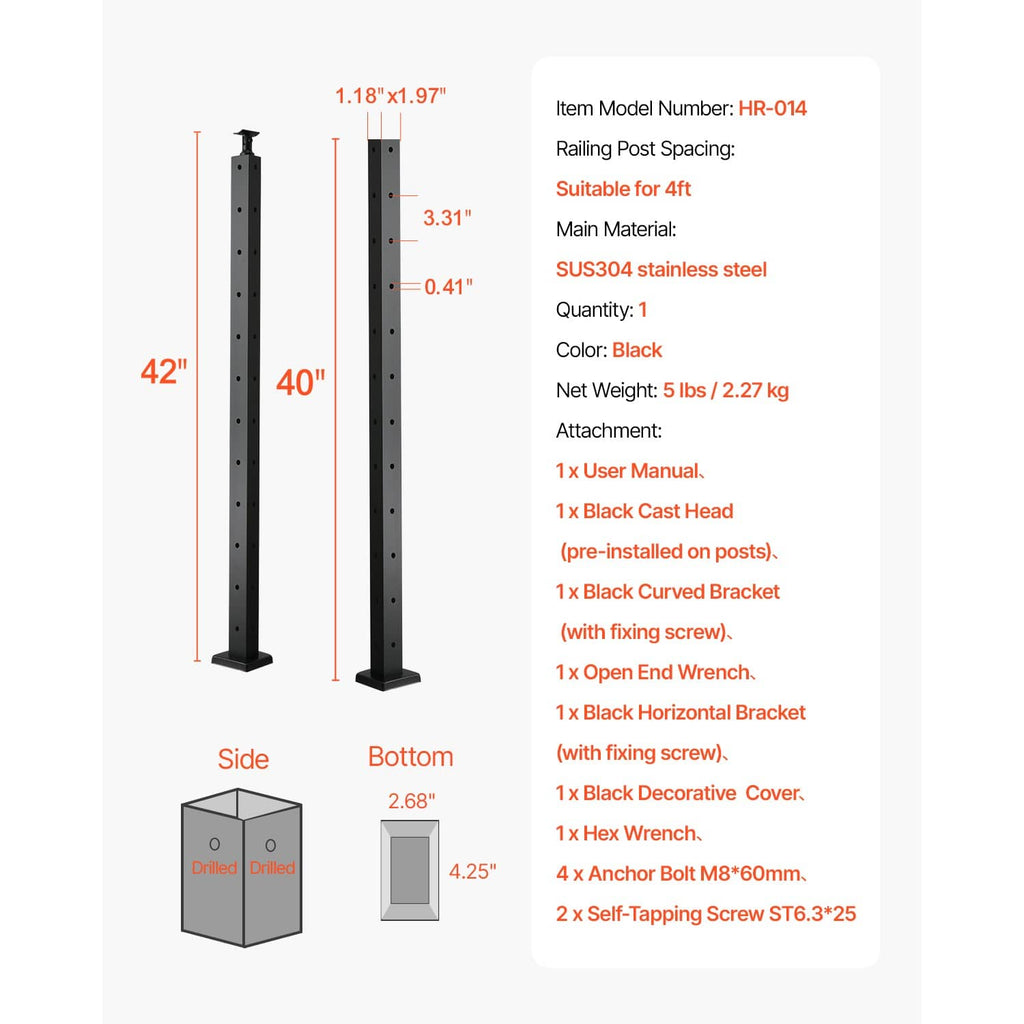 Cable railing post kit with black SUS304 posts, bolts, screws, anchors, and wrenches