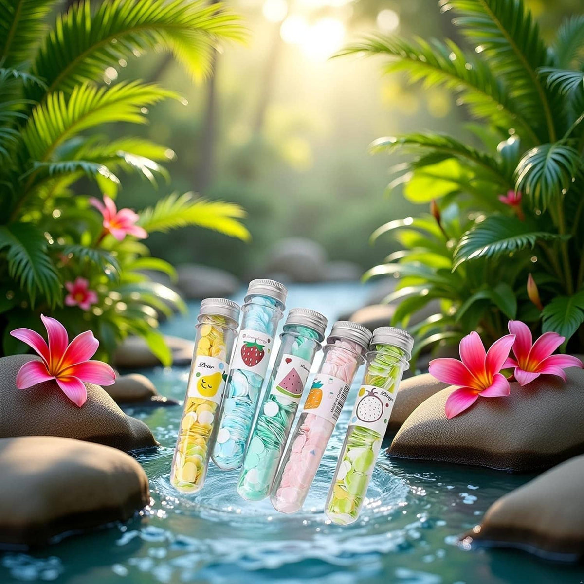 Portable soap confetti tubes by poolside, five clear fruit-themed bottles