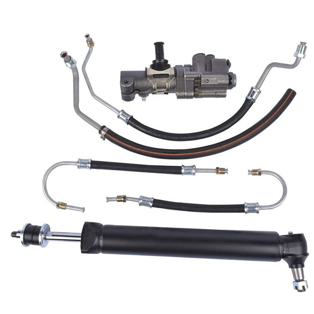 Power steering hose kit with black cylinder, valve unit, and bundled metal lines
