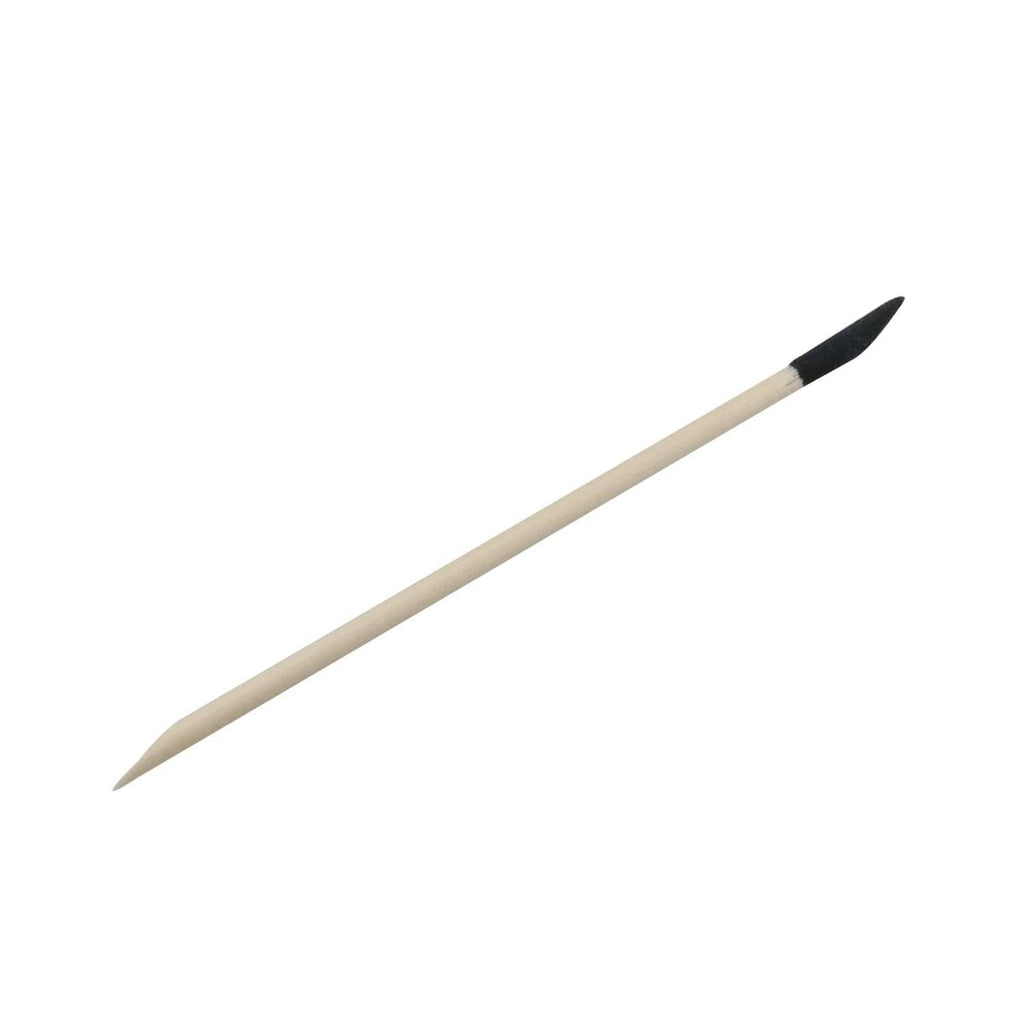 Sanding stick with pale wooden body and black slanted abrasive end