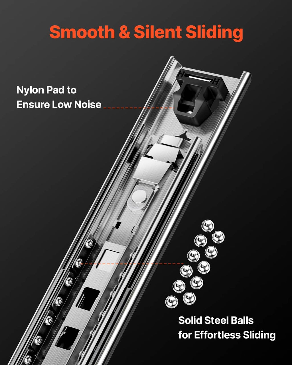 Smooth sliding drawer slide rail with nylon pad and steel ball bearings