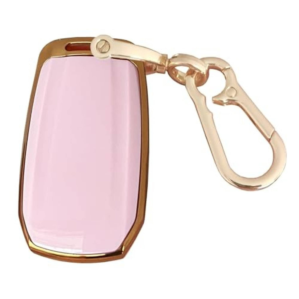 Pink key fob protective cover with gold trim and attached keyring
