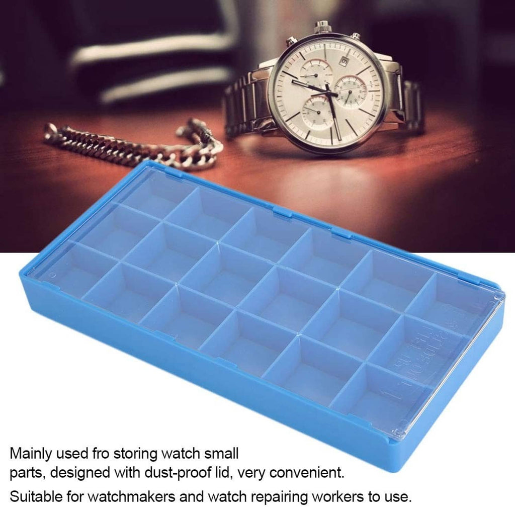 Blue plastic watch parts organizer tray with square compartment grid