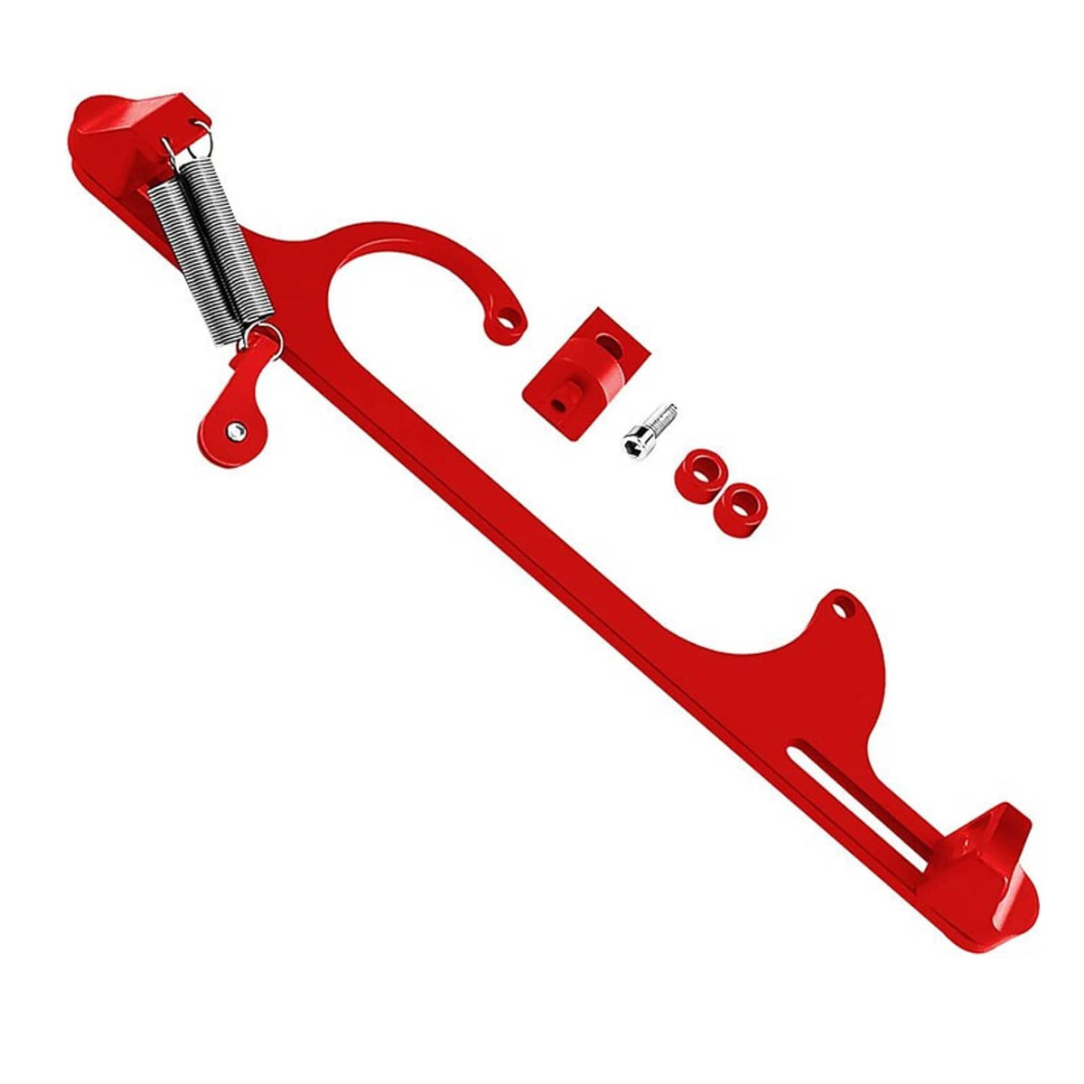 Red aluminum throttle cable bracket with adjustable spring assembly and fasteners