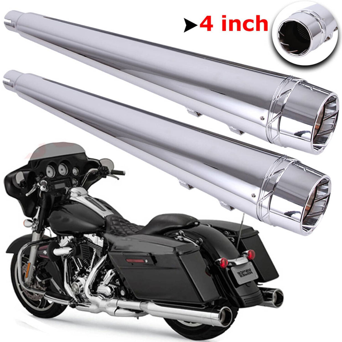 Chrome slip-on muffler pair, 4 inch outlets, with end caps and mounting tabs