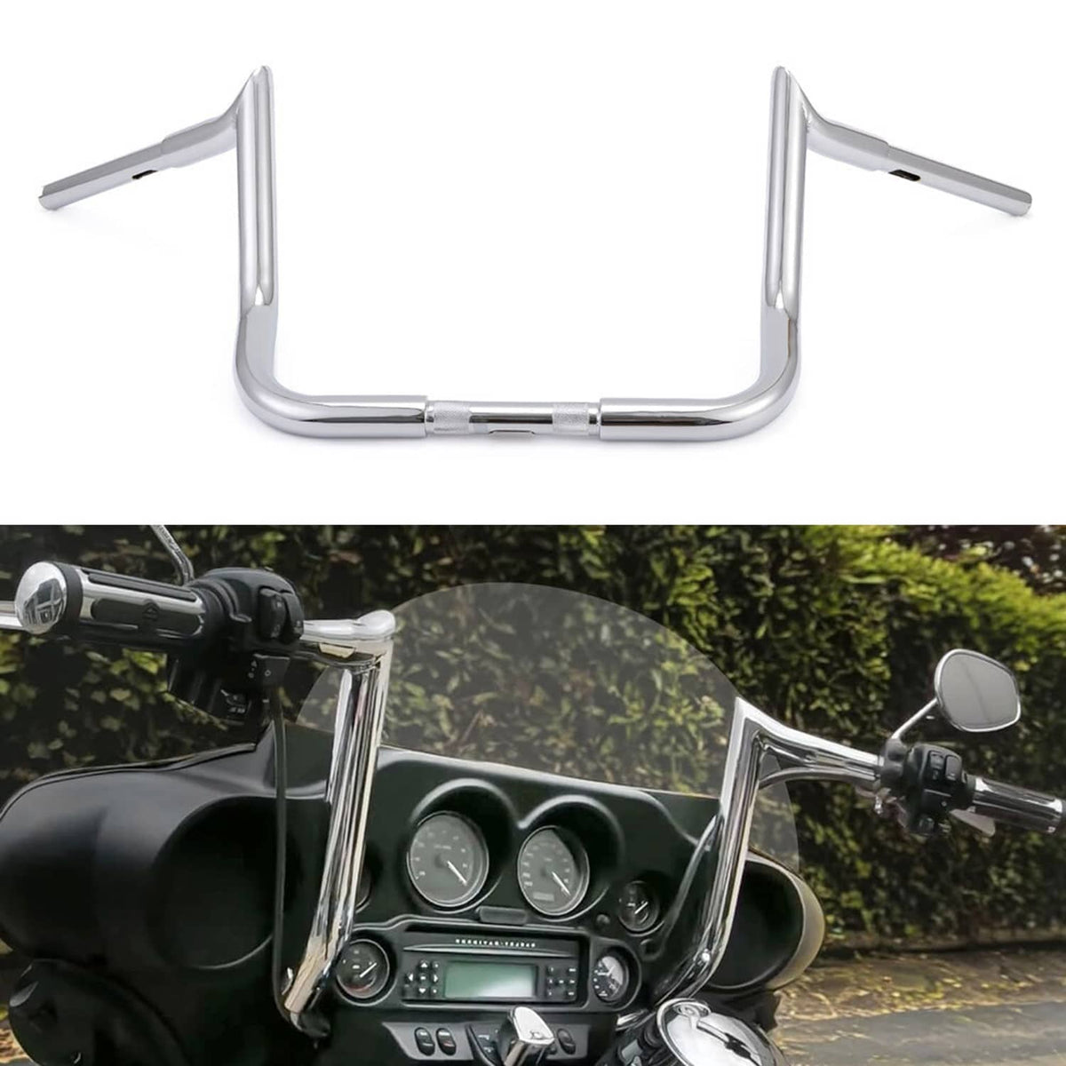 Chrome U-shaped motorcycle handlebars with raised grips and polished finish