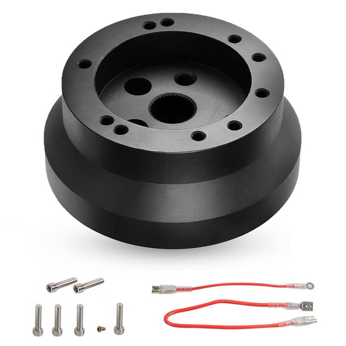 Black 5/6-hole steering wheel hub adapter with center splined opening and bolt holes