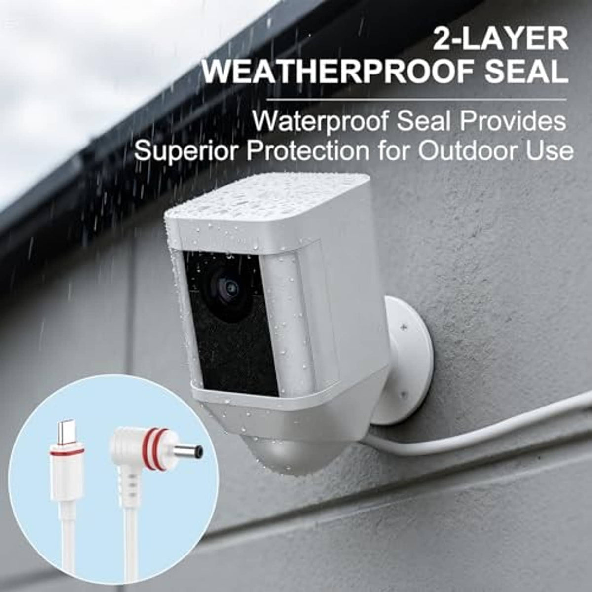 Weatherproof outdoor spotlight camera with charging cable and sealed mount