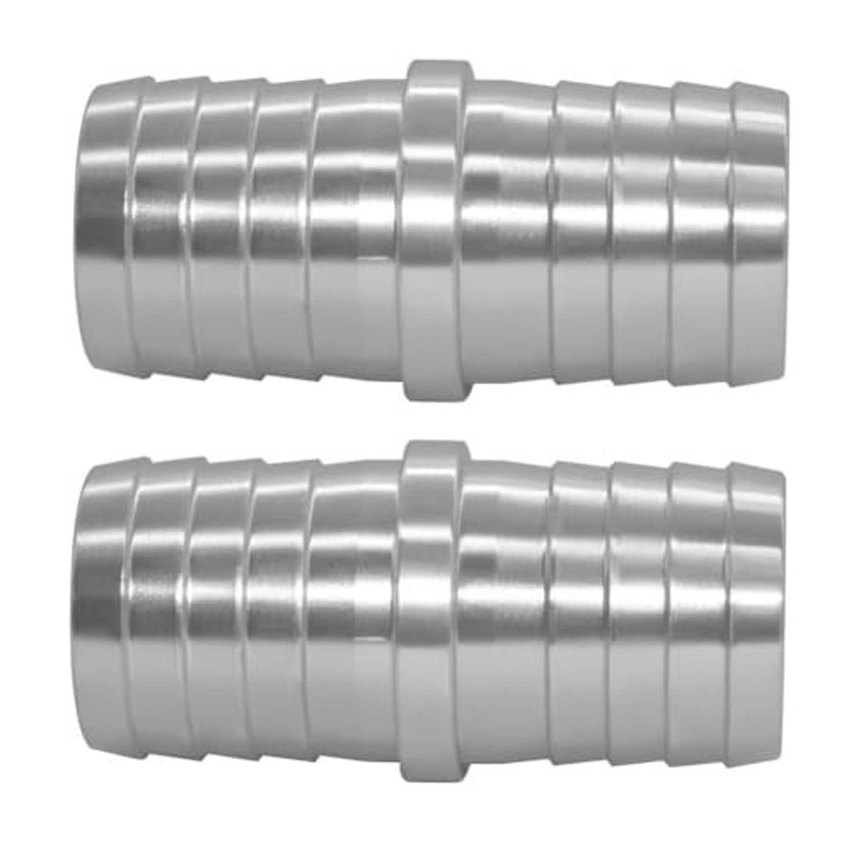 Silver metal hose barb coupler reducer with central collar and ridged sleeves