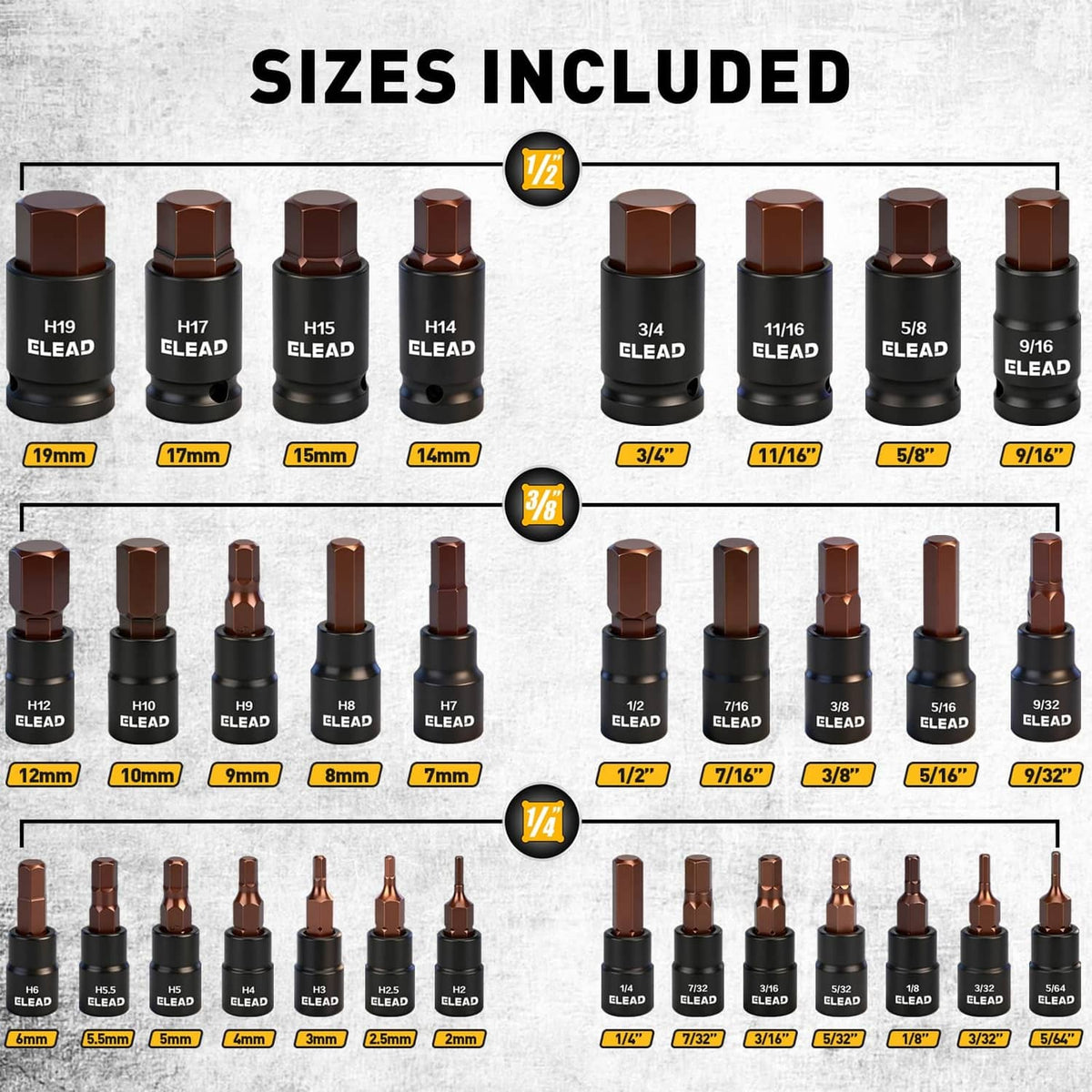 Hex socket size chart showing labeled bits and drive sizes in rows