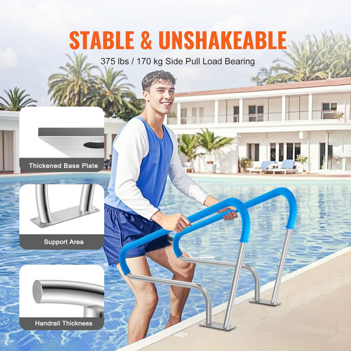 Swimming pool handrail with thick base plate and blue non-slip grip on stainless posts