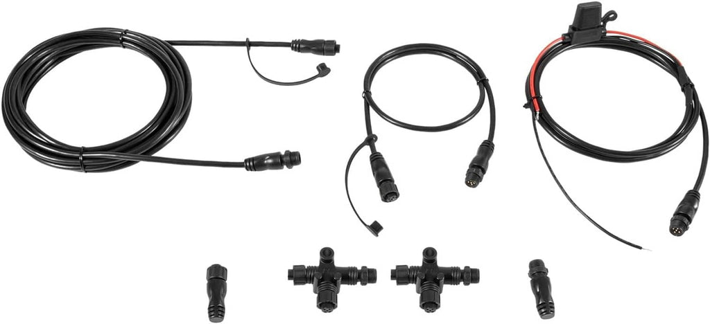 NMEA 2000 network starter kit with bundled black cables, terminators, and junctions