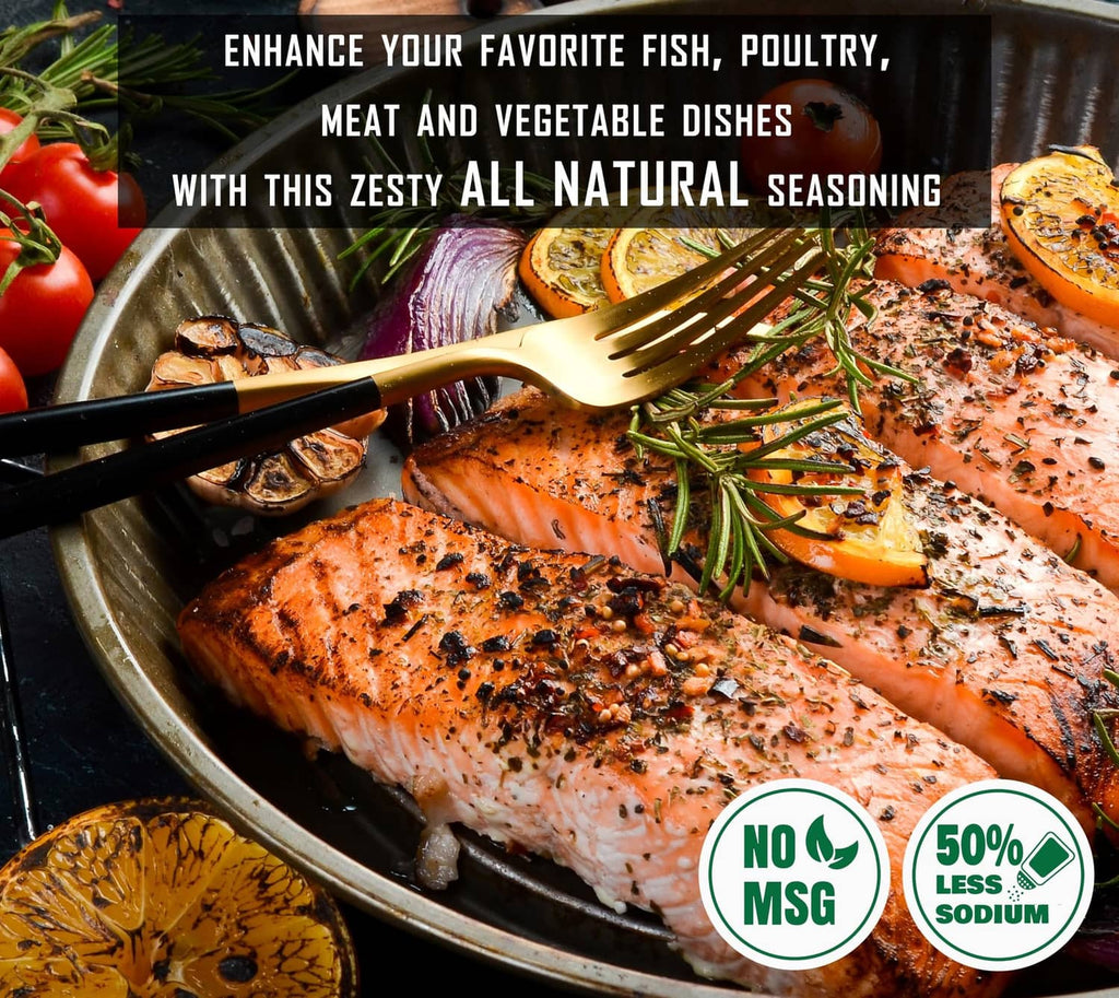 Seasoned salmon on skillet with seasoning; no MSG and less-sodium seal, jars nearby