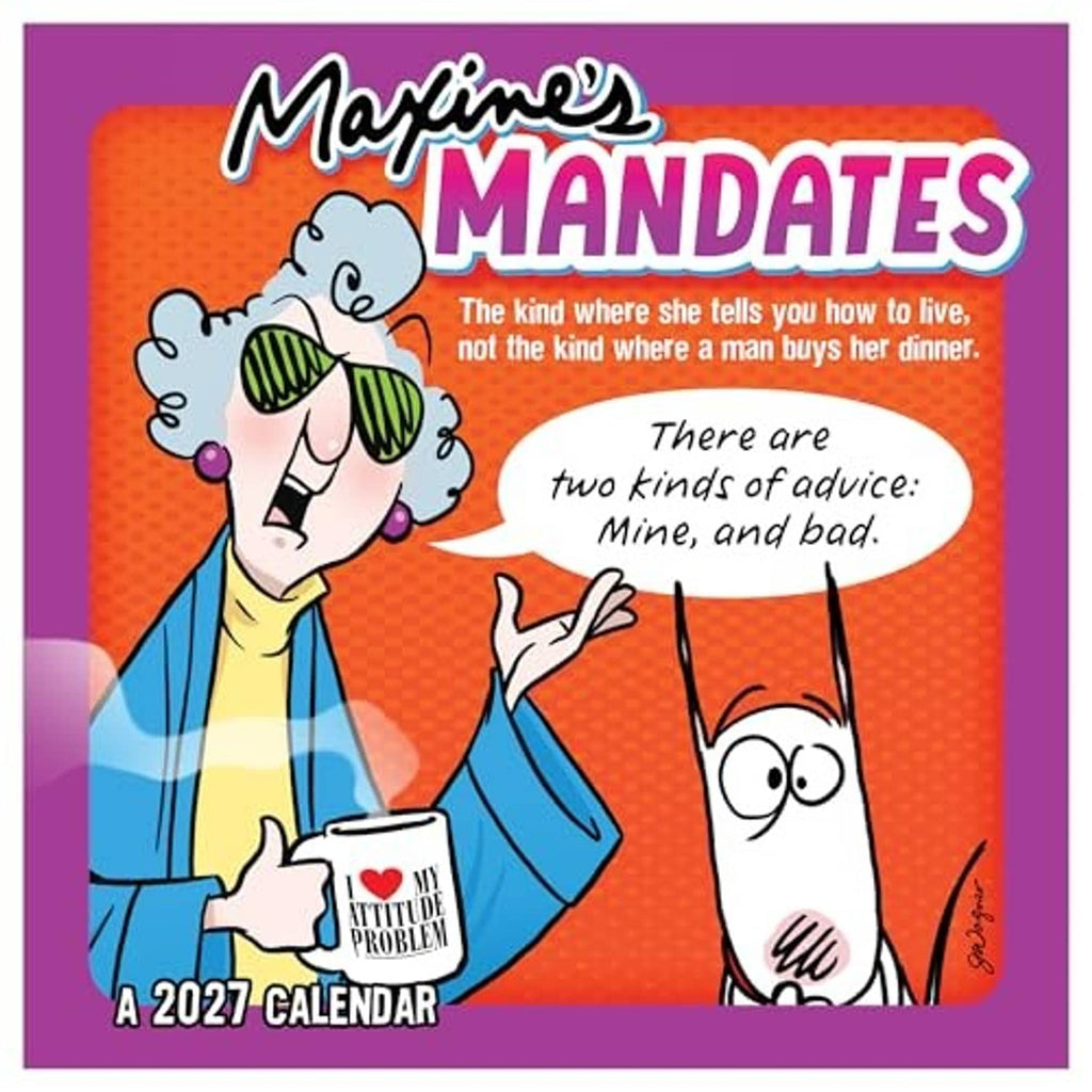 Maxine Mandates 2027 wall calendar cover, purple border and orange cartoon artwork