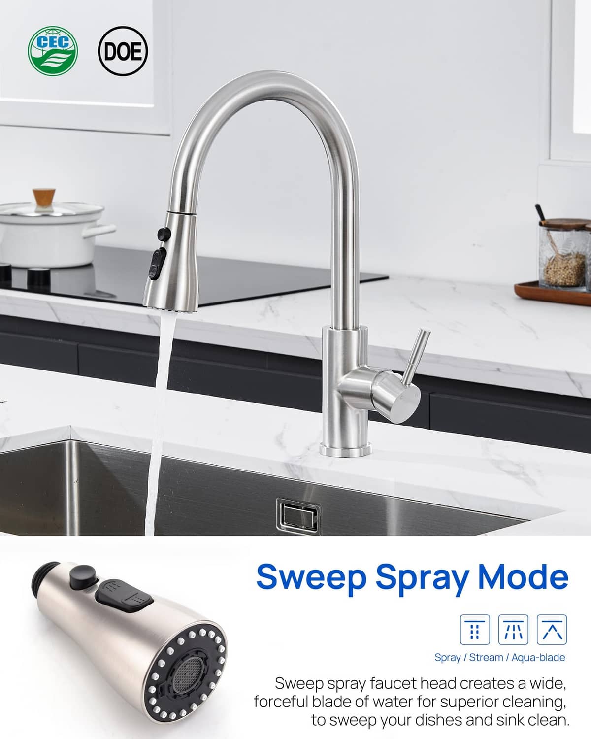 Brushed nickel kitchen sink faucet with detachable sprayer head and black mode switch