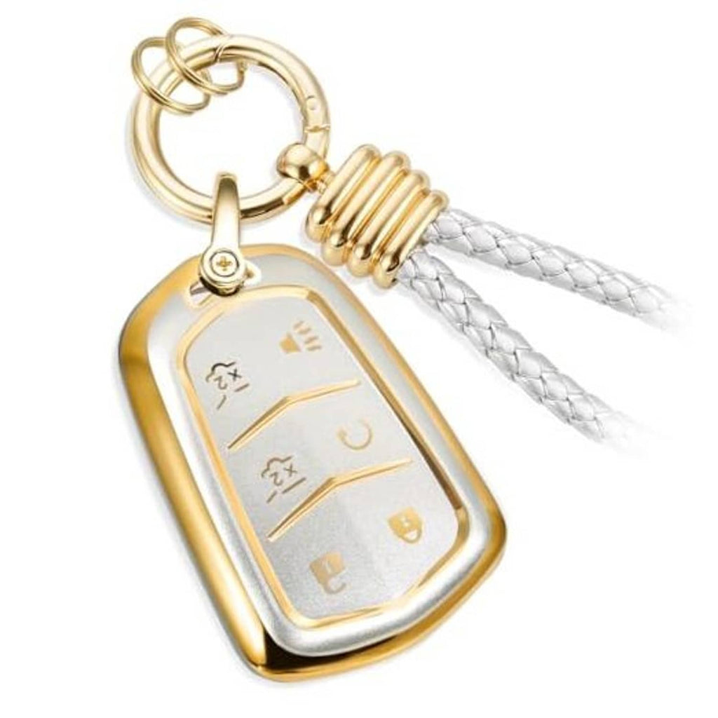 Gold matte key fob cover with protective shell, keyring loop, and braided strap
