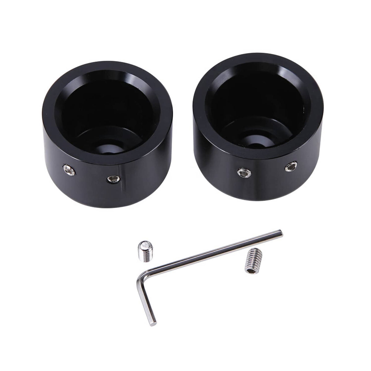 Pair of black front axle cap nut covers with hex key and two bolts