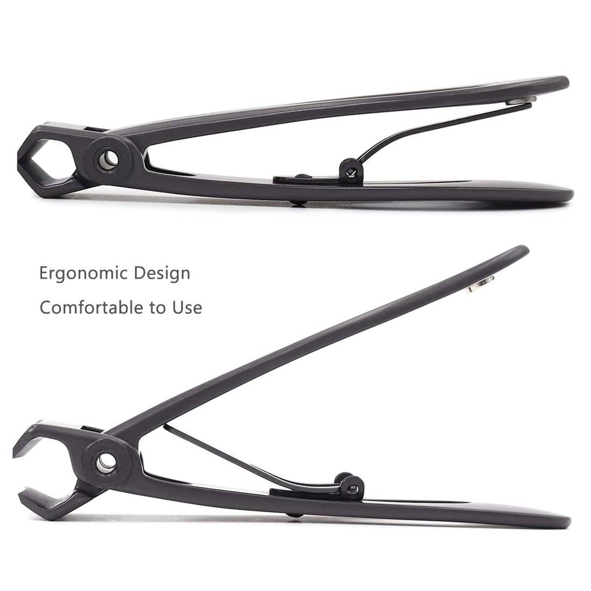 Ultra-wide jaw nail clippers in dark grey shown from side angles with slim jaw