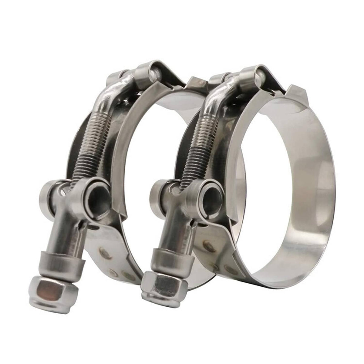 Stainless steel T-bolt hose clamps (2-pack), side-by-side view with screw threads