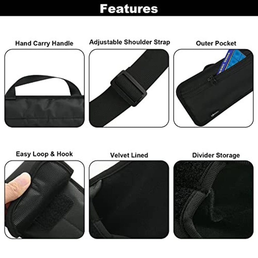 Black cue bag with outer pocket, adjustable strap, and divided storage interior