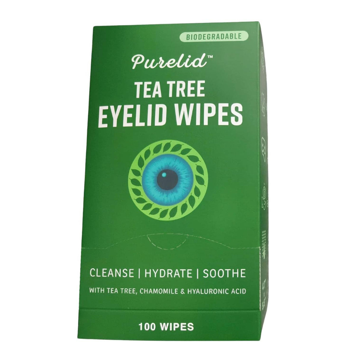 Tea tree eyelid wipes box, 100 wipes, green front panel with eye graphic