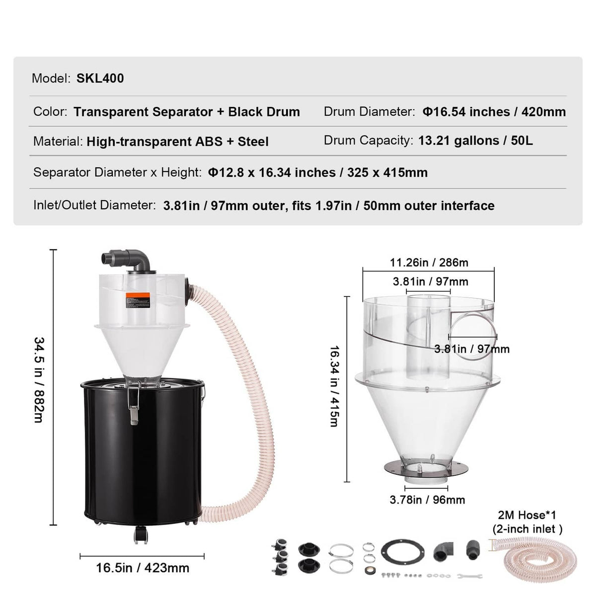 Cyclone dust separator with transparent hopper and black drum tank, shown with dimensions