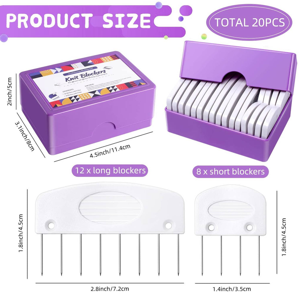 Knit blockers set with long and short white combs, pins, and purple storage box