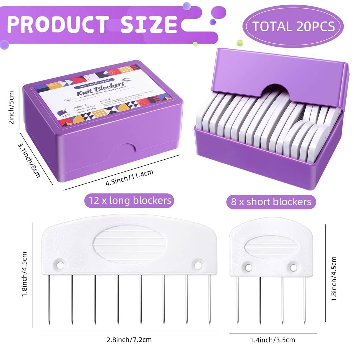 Knit blockers set with long and short white combs, pins, and purple storage box