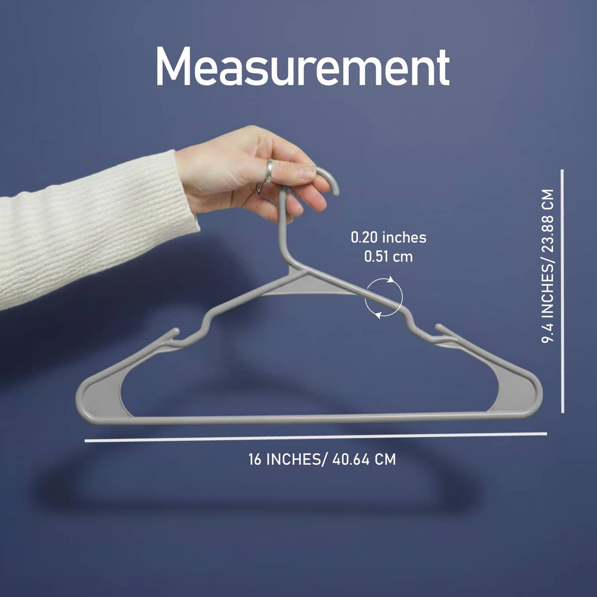 Gray plastic clothes hanger with 16 in overall size, curved shoulder and hook