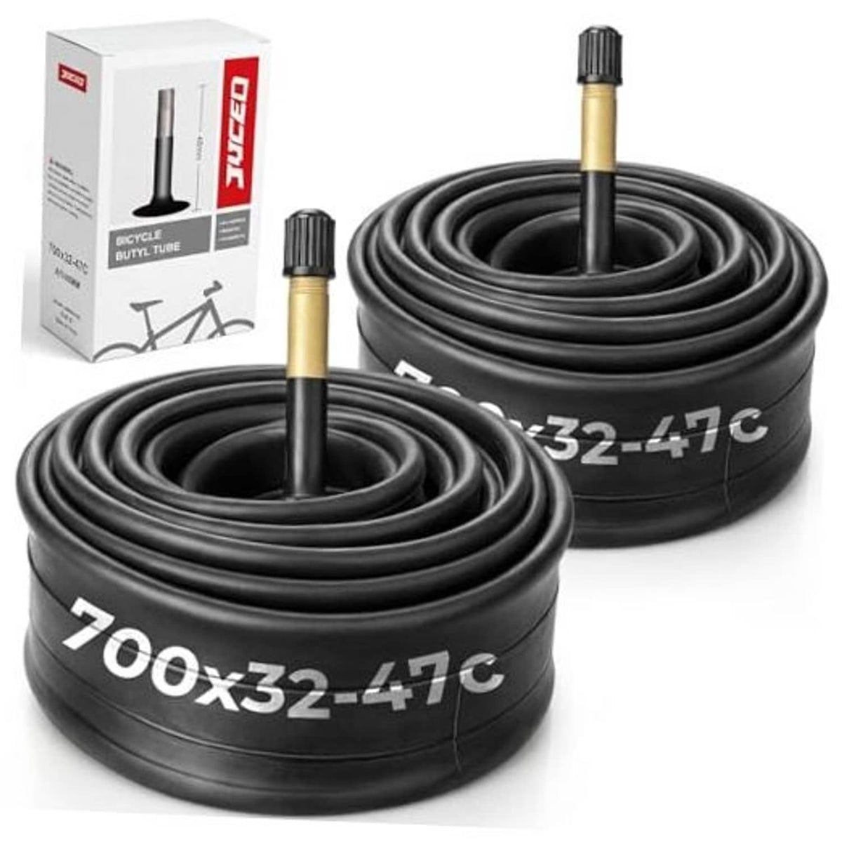 Black 700x32–47C bike inner tube set with Schrader valve stems, two tubes