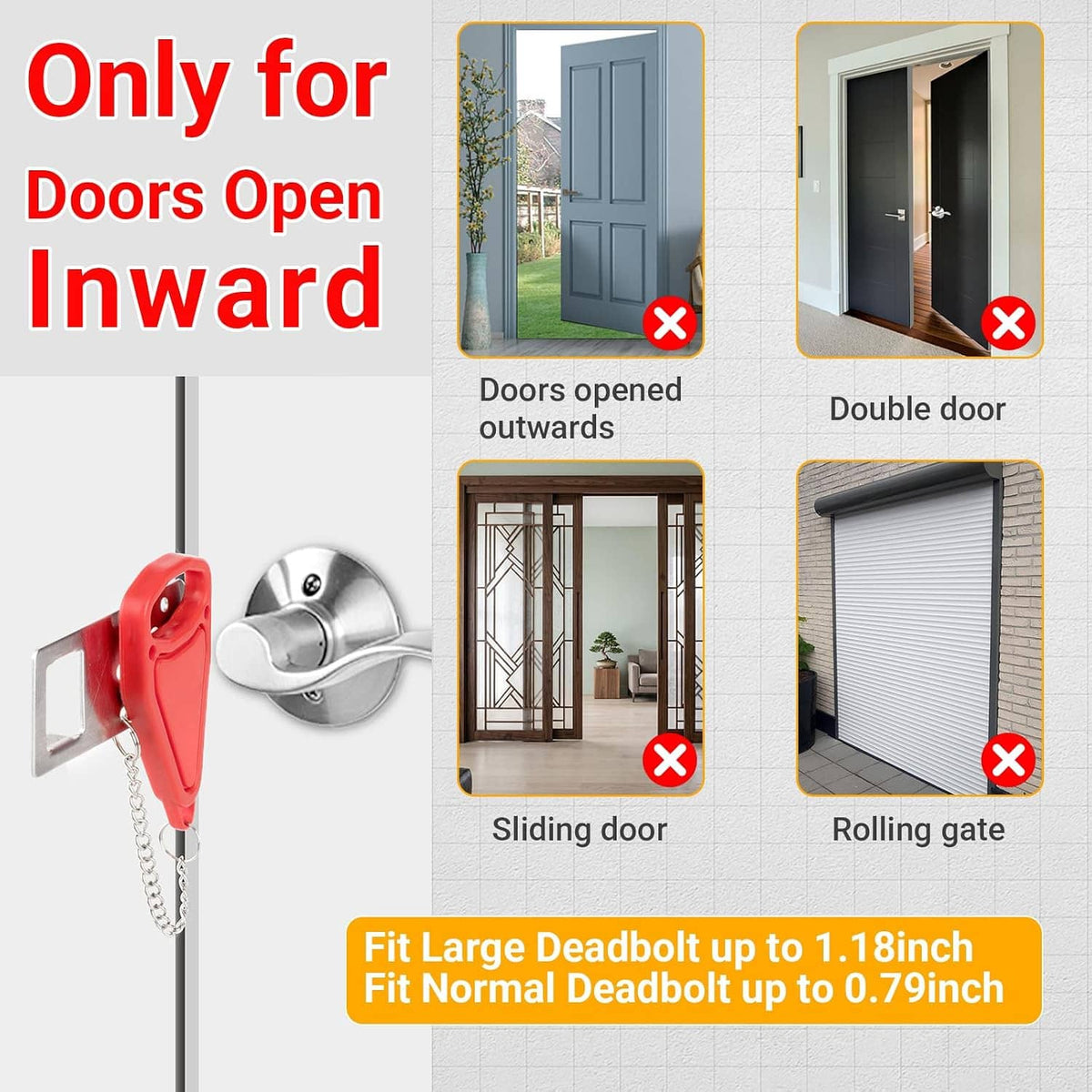 Red door stop alarm with chain attached to door handle area