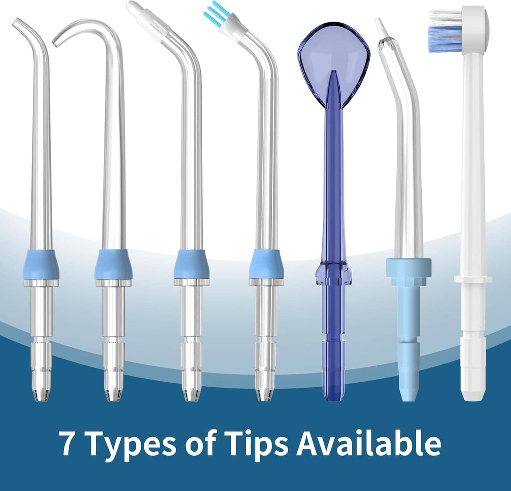Multiple water flosser tip styles with colored bases and clear nozzles