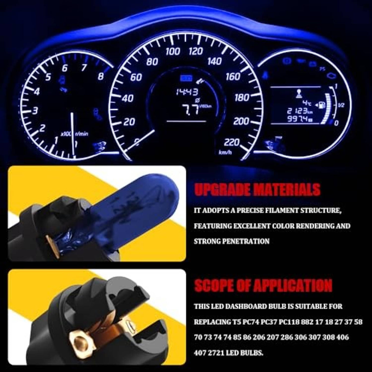 Blue-lit instrument cluster gauges with illuminated speedometer and tachometer