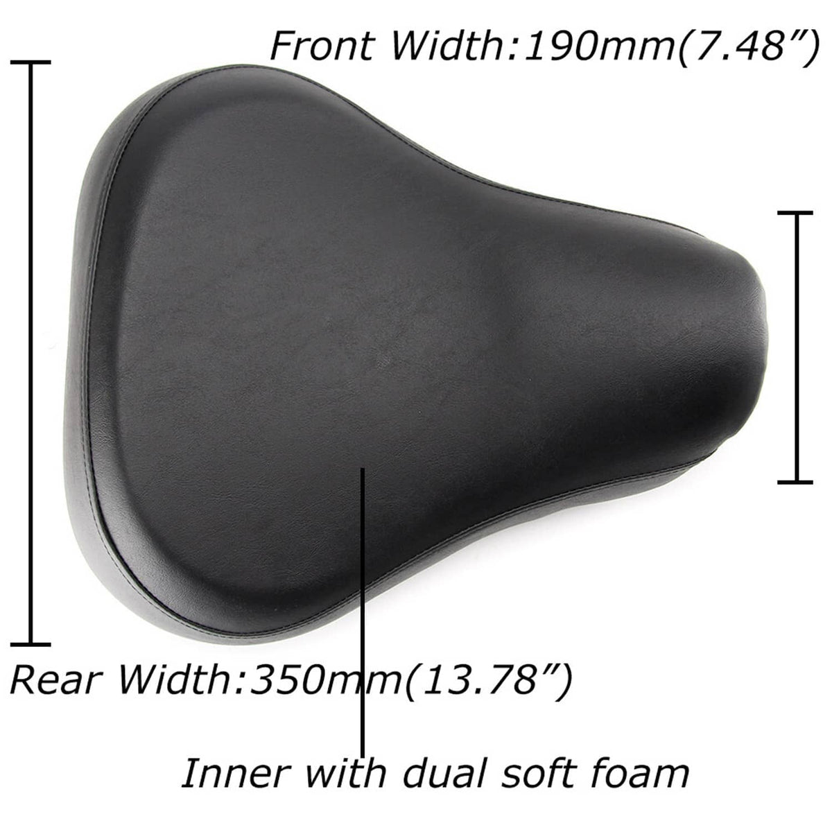 Black solo seat with front and rear width measurements and dual foam inner