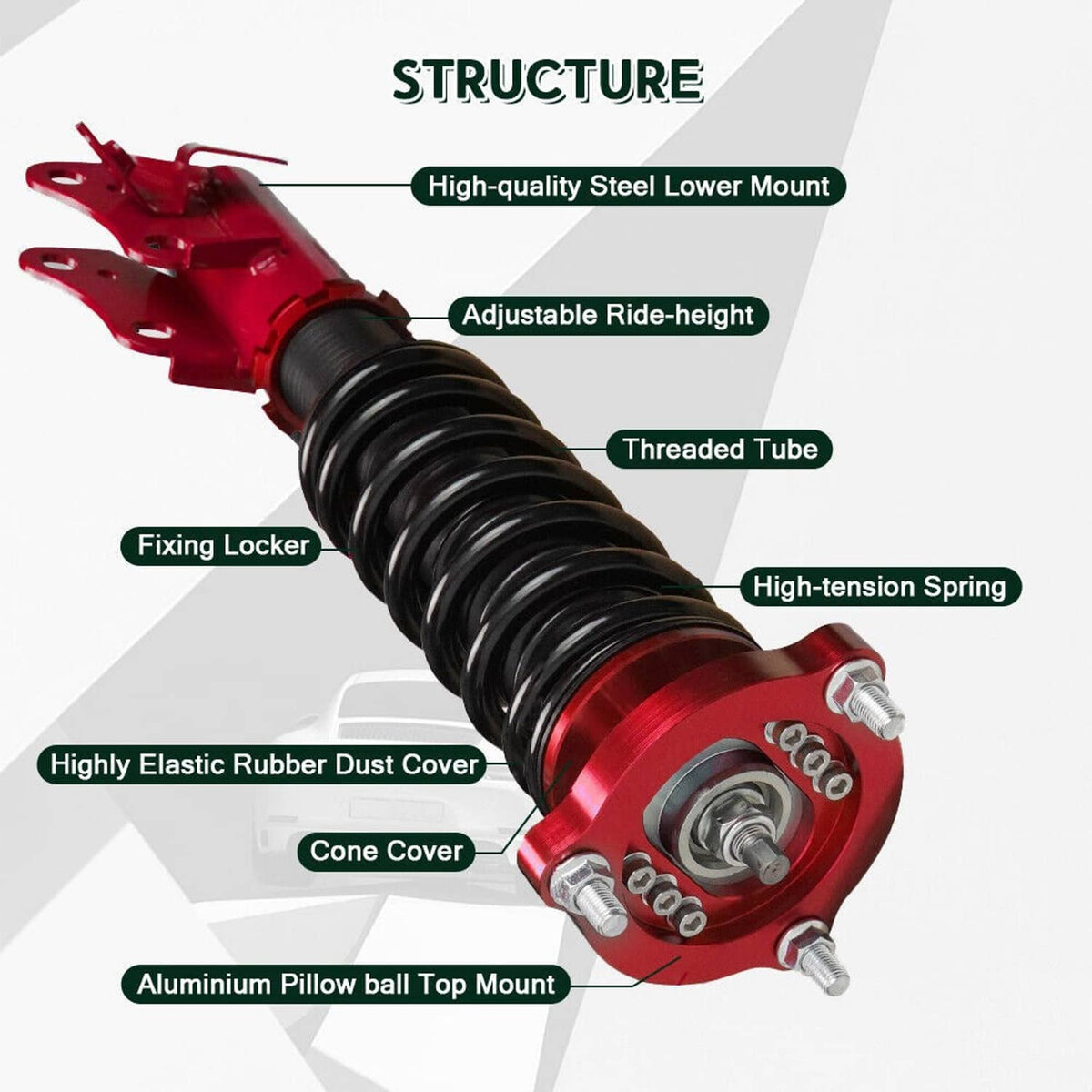 Coilover strut assembly detail: red top mount, black threaded tube, black spring