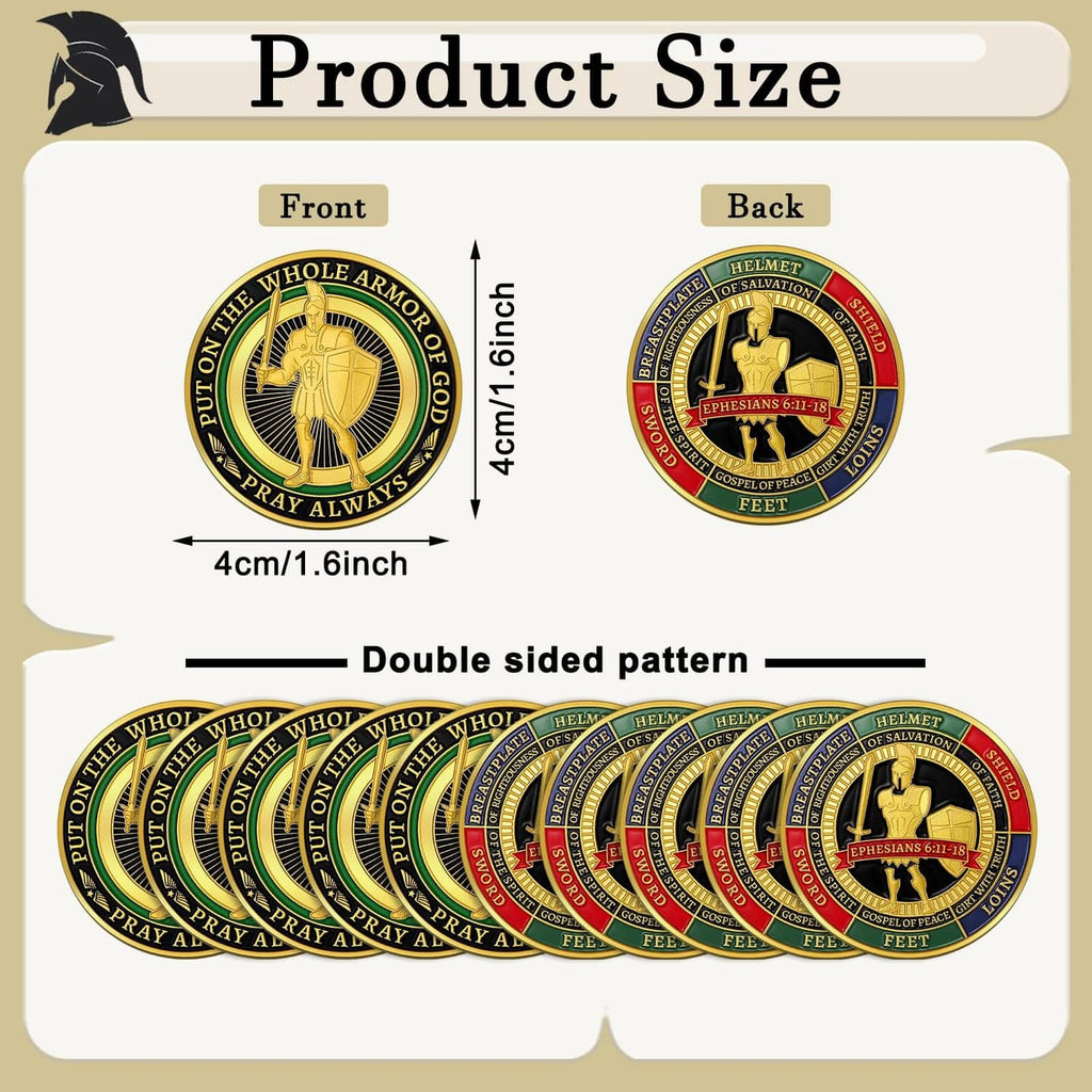 Round helmet emblem prayer coin, front and back views with size details