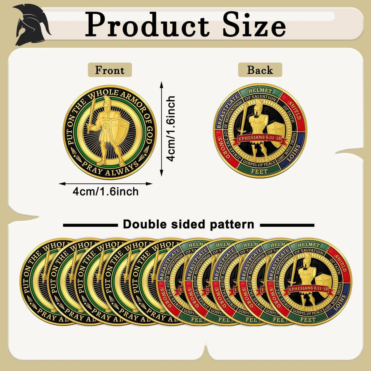 Round helmet emblem prayer coin, front and back views with size details
