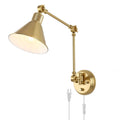 Brushed brass wall sconce with white inside shade, long adjustable arm and plug-in cord